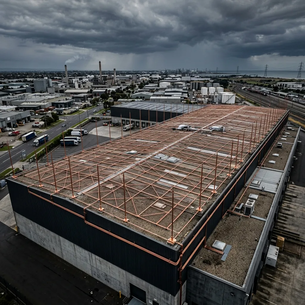 Hromosvod průmyslové haly — mřížová jímací soustava LPS II