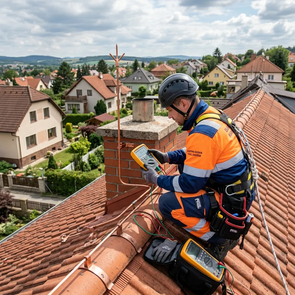 Revizní technik měří zemní odpor hromosvodu — Praha